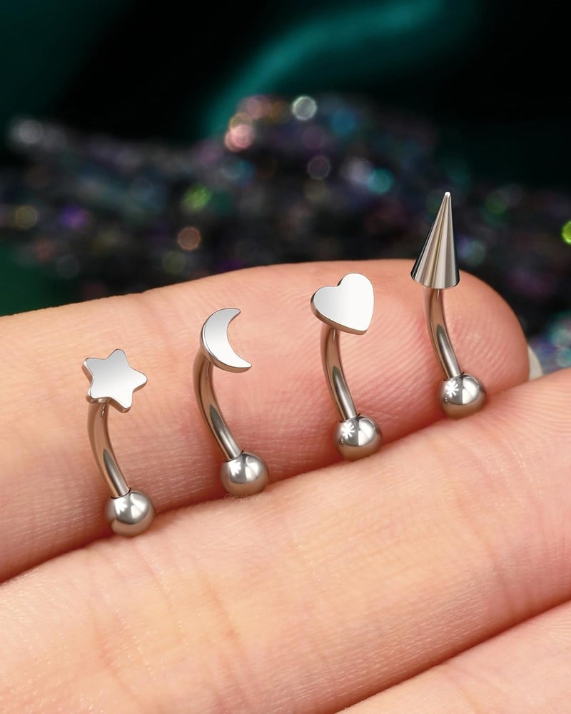 COCHARM Titanium Heart Star Moon Rook Spike Piercing Jewelry 16g, Surgical Steel Rook Earrings for Women Man, Silver Vertical Labret Jewelry, 8mm Spike Eyebrow Piercing Jewelry - Image 4